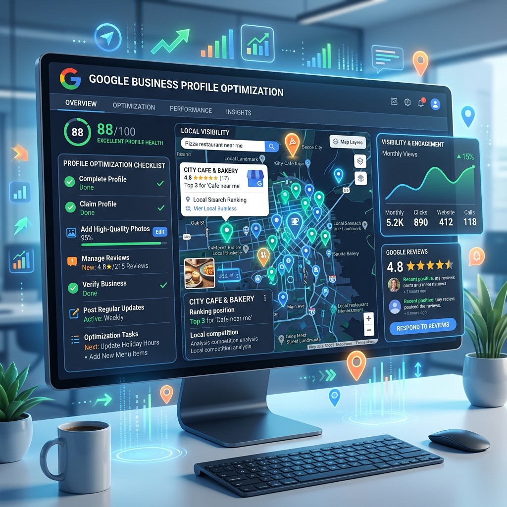 Google Business Profile optimization dashboard with profile health score, local visibility map, performance statistics, and review responses
