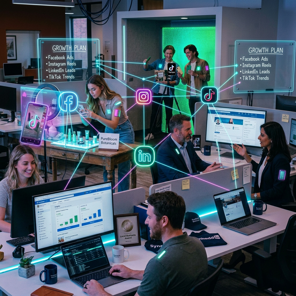 Social media marketing team at work at osheen's ai studio
